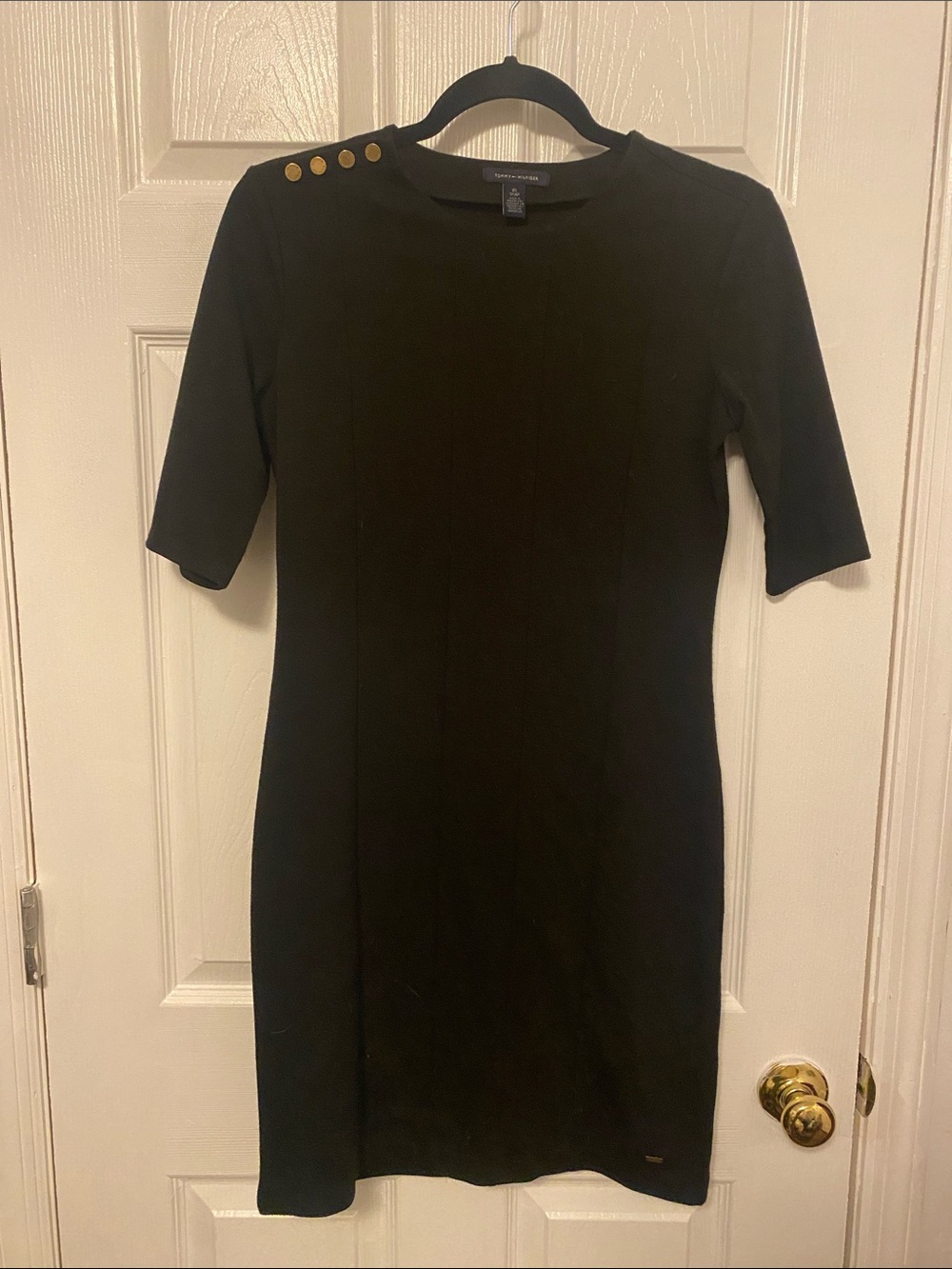 Tommy Hilfiger Black Midi Dress with Gold Shoulder Buttons